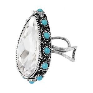 Teardrop Crystal Statement Ring with Turquoise Bead Accents